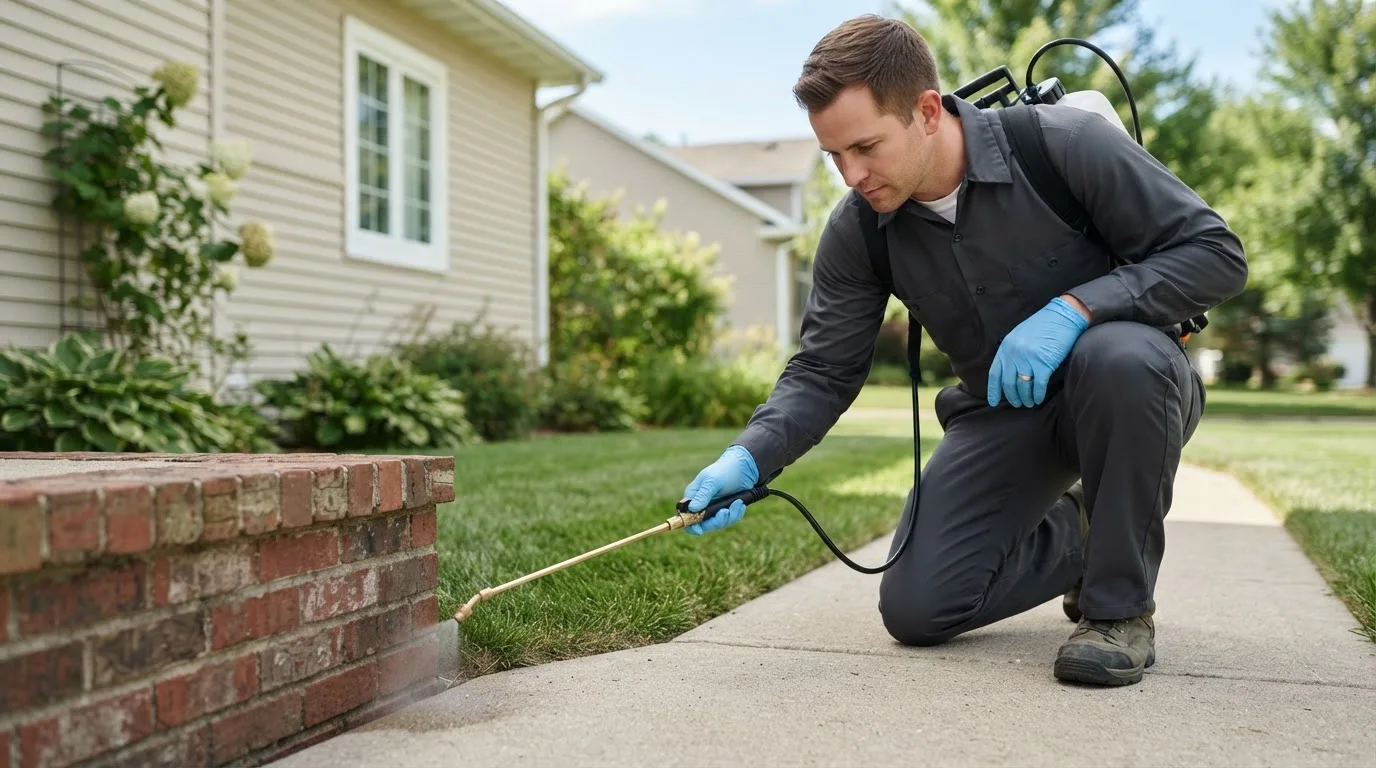 Pest control technician treating a home near Westminster, VT